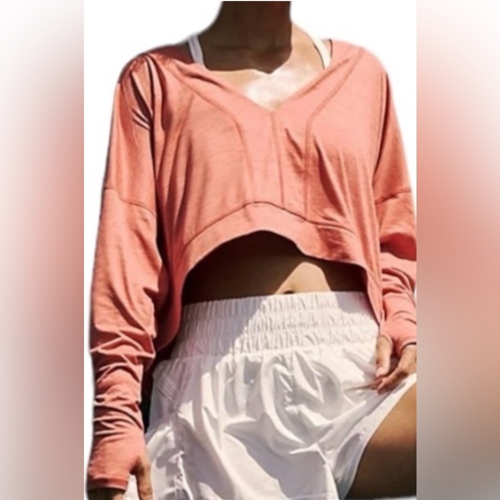 NWOT Free People Fearless M Long Sleeve V-Neck Tee in Coral Orange New Top - Picture 4 of 8